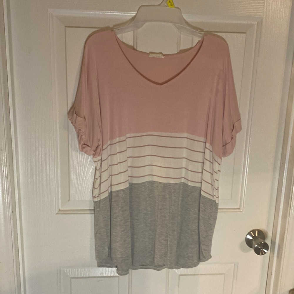 Lime & Chili Blouse Large Soft T-Shirt Solid/ Strip Cuffed Sleeve